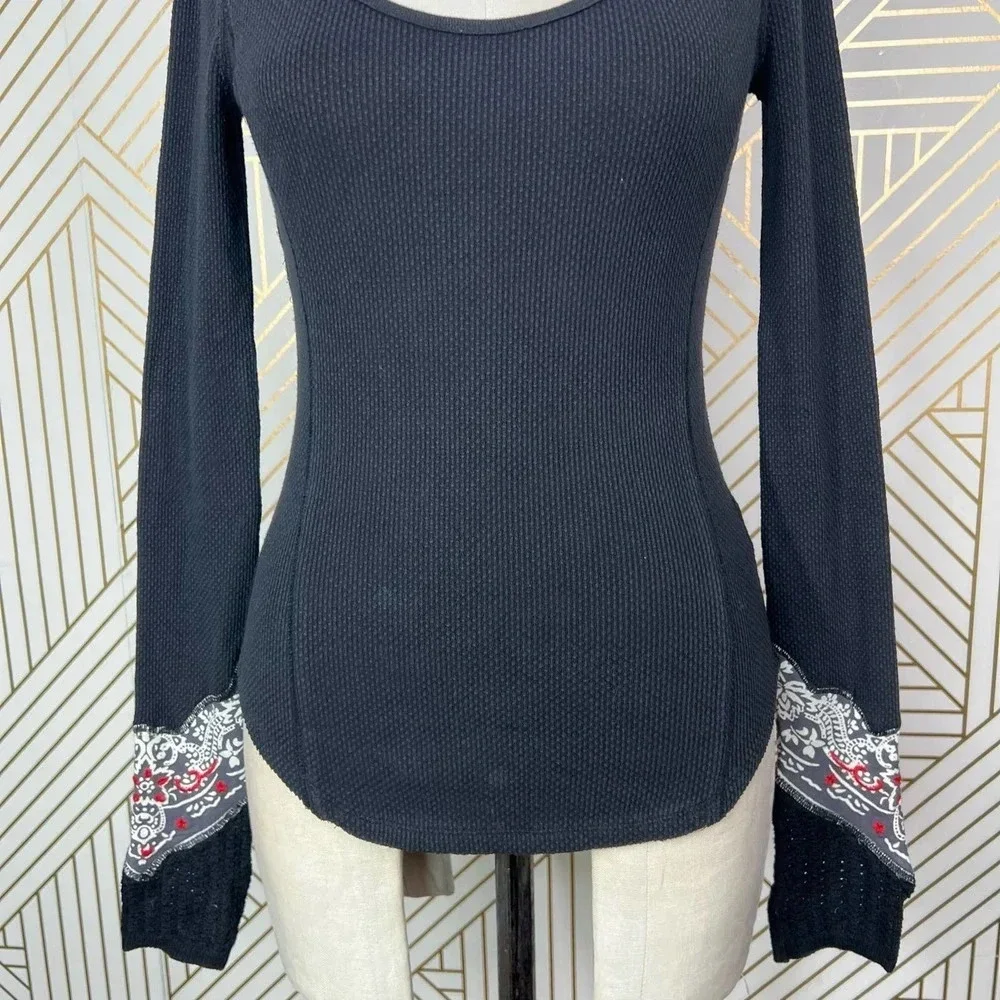 Free People Bandana Cuff Thermal‎ Top in Black Size US XS